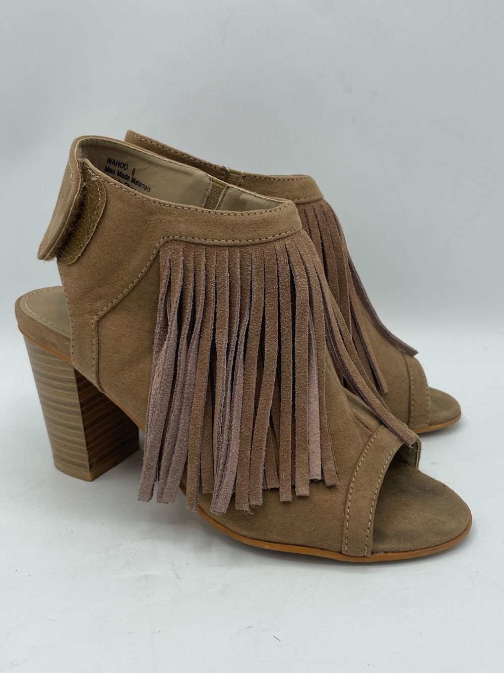 Corkys Wahoo Fringe Peep-Toe Block Heel Faux Suede Sandals - Taupe.